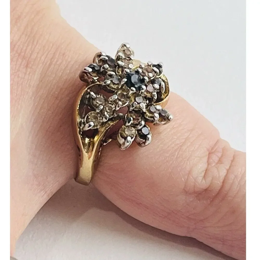 18K HGE Vintage Flower Cocktail Cluster Rhinestone Ring Size 7 citrine look blue